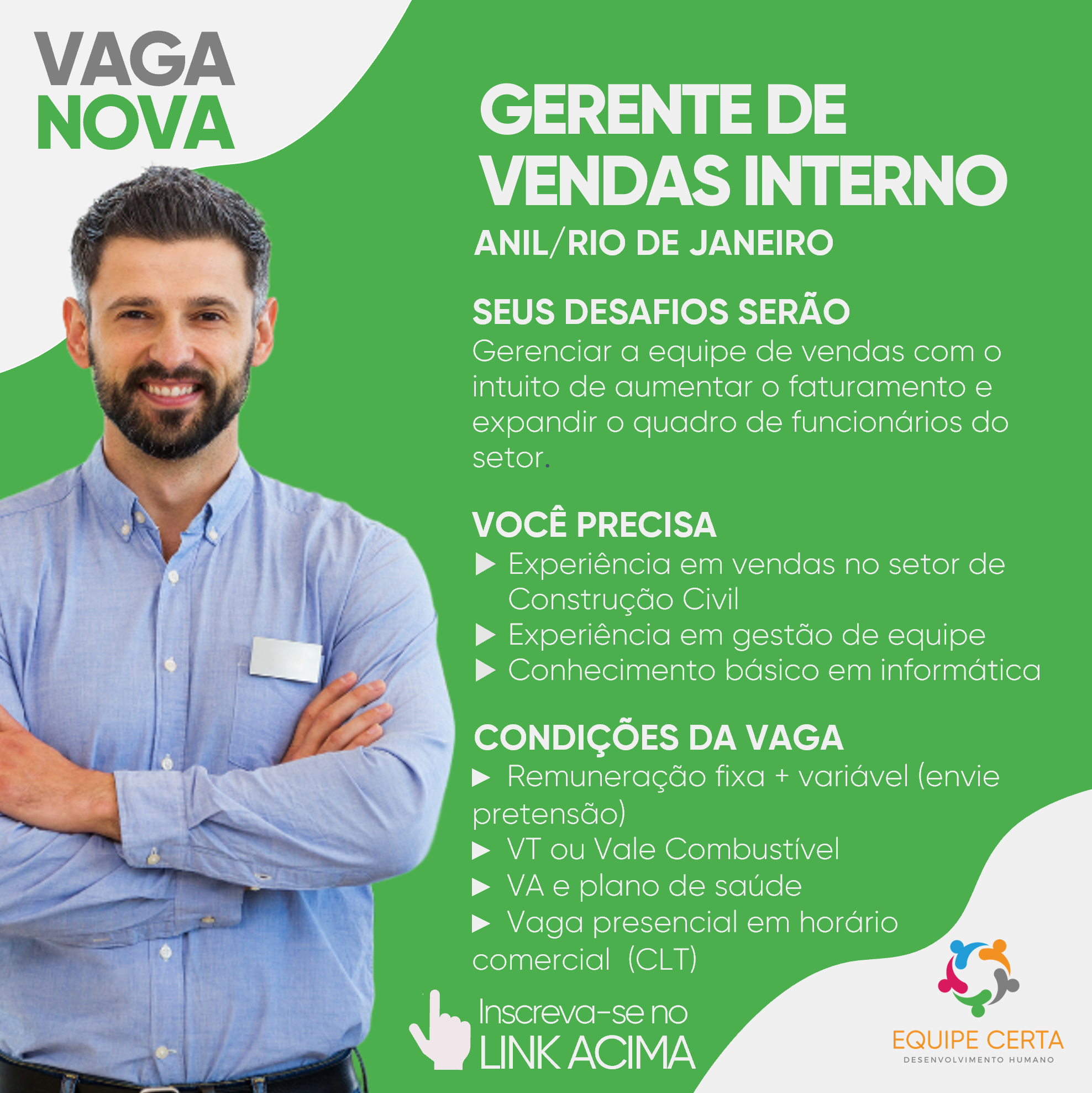 GERENTE DE VENDAS INTERNO - ANIL/RJ | Equipe Certa